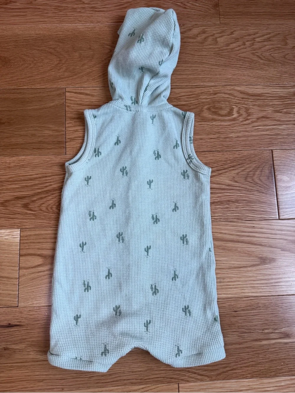 Sleeveless Hooded Waffle Knit Romper in Sage with Cactus Print